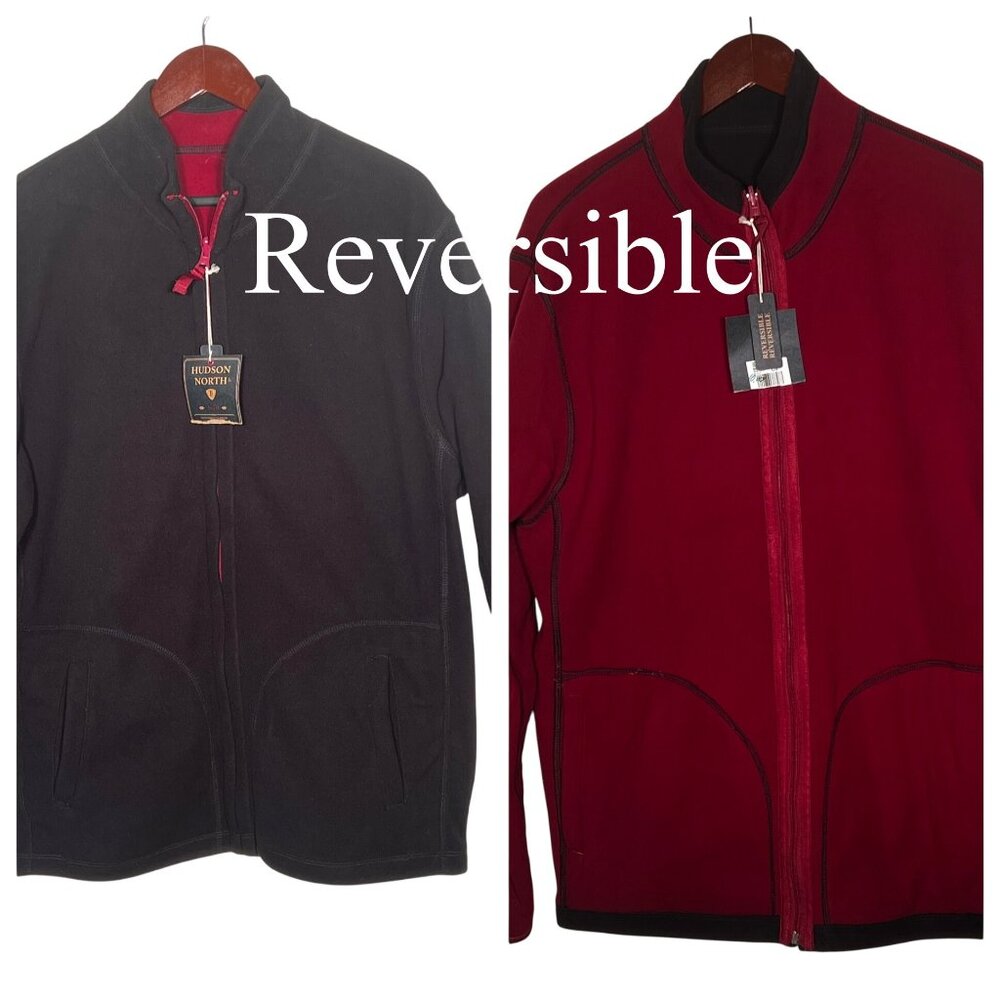 Hudson North Mens Reversible Black Red Full-Zip Fleece Jacket Large Casual Comfy